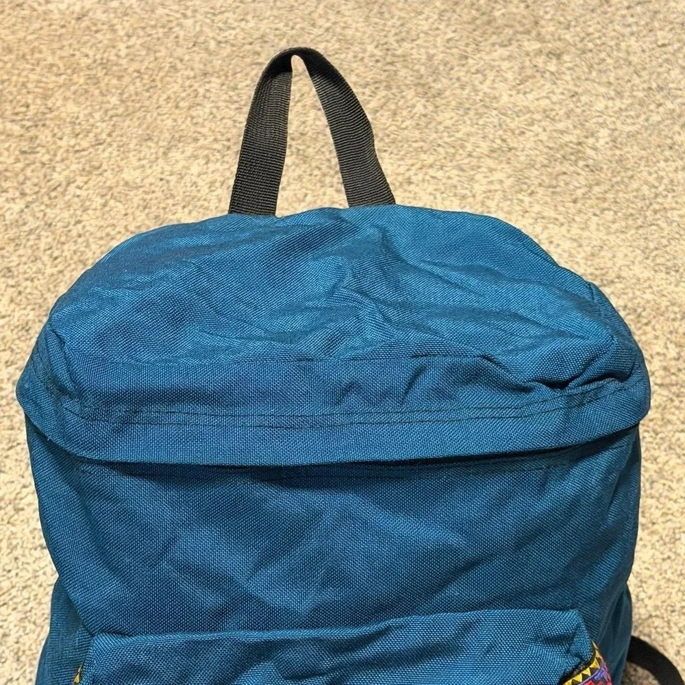 Vintage JanSport USA Teal Backpack Suede Leather Bottom Tribal Trim Made in USA